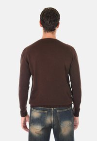 Maglione a maglia marrone con maniche lunghe e scollo rotondo, indossato sopra jeans blu strappati, visto da dietro. Polsini e fondo a coste.