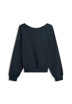 Dark gray, long-sleeve sweater featuring a wide, ribbed neckline, ribbed cuffs, and a relaxed fit with a textured fabric.