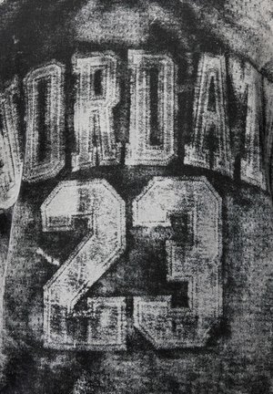 Camiseta en blanco y negro con "JORDAN 23" en texto audaz y desgastado. El diseño tiene una apariencia texturizada con un efecto envejecido.