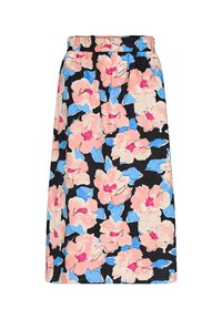 Floraler Midi-Rock mit elastischem Bund. Verziert mit großen pinken, blauen und schwarzen Blumen auf schwarzem Hintergrund, gefertigt aus weichem Stoff.