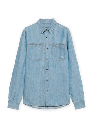 Light blue denim long-sleeve shirt with front button closure and two chest pockets on a white background.