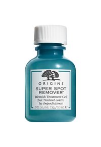 Bouteille en verre turquoise avec un bouchon à vis blanc. L'étiquette présente un texte noir et un logo. Contient 10 ml de gel de traitement des imperfections.