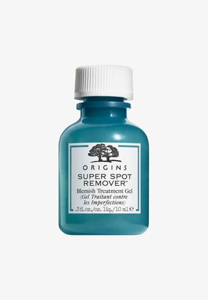 Turquoise glazen fles met een witte schroefdop. Etiket met zwarte tekst en logo. Bevat 10 ml van de gel tegen onzuiverheden.