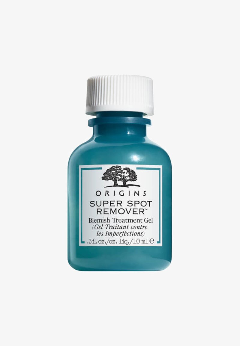 Teal glassflaske med hvit skrukork. Etiketten har svart tekst og logo. Inneholder 10 ml blemish behandling gel.