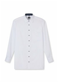 Weißes langärmeliges Hemd mit klassischem Kragen, dunklen Knöpfen, einer einzelnen Brusttasche und glatter Stoffstruktur.