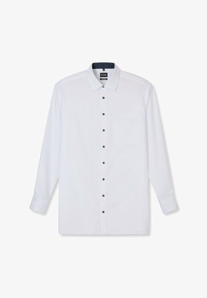 Weißes langärmeliges Hemd mit klassischem Kragen, dunklen Knöpfen, einer einzelnen Brusttasche und glatter Stoffstruktur.