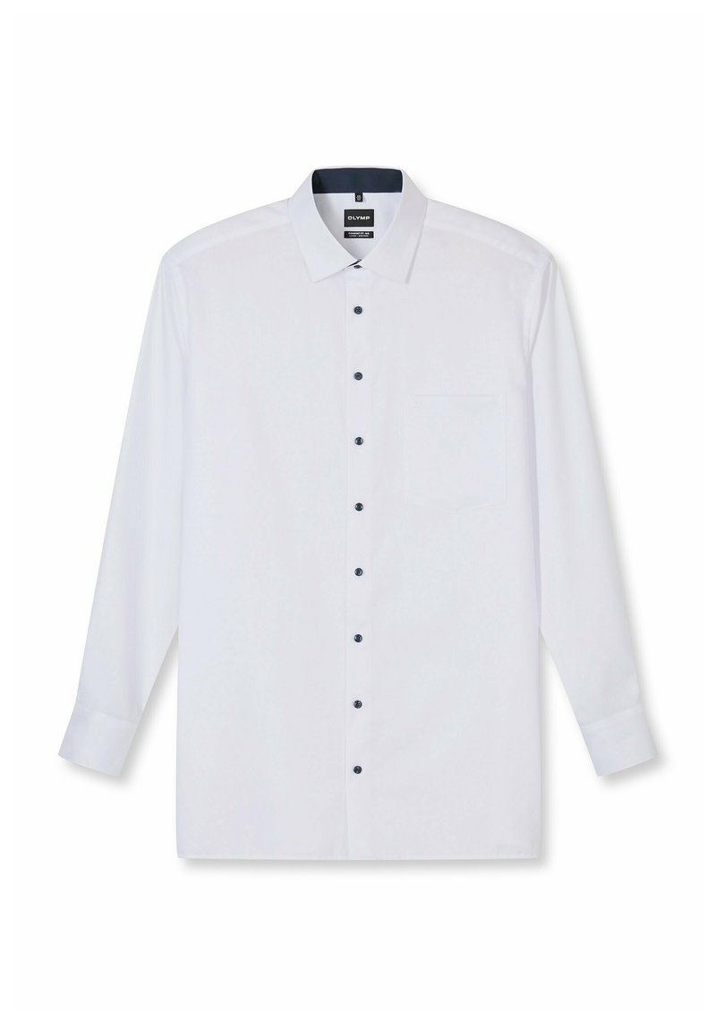 Weißes langärmeliges Hemd mit klassischem Kragen, dunklen Knöpfen, einer einzelnen Brusttasche und glatter Stoffstruktur.