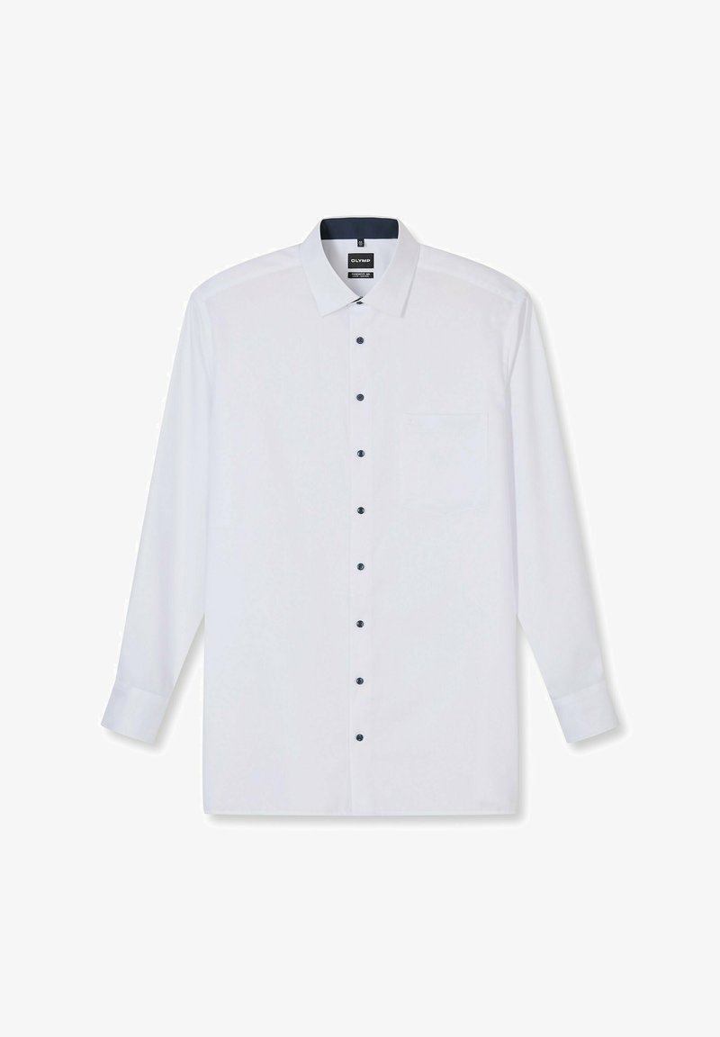 Weißes langärmeliges Hemd mit klassischem Kragen, dunklen Knöpfen, einer einzelnen Brusttasche und glatter Stoffstruktur.