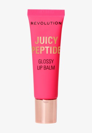 Glossy lip balm in a bright pink tube with gold text. Features a ribbed cap and a shiny rose gold base. Compact and squeezable design.