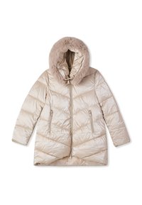 Piumino color beige chiaro con cappuccio foderato in pelliccia sintetica, chiusura frontale con cerniera e due tasche laterali. Presenta una texture brillante trapuntata.