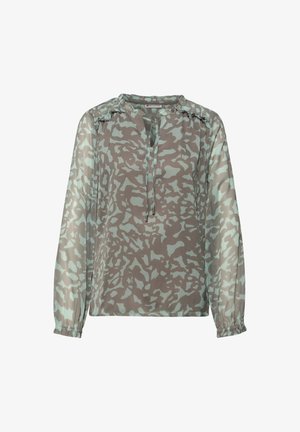 Blouse à manches longues semi-transparente avec un motif abstrait bleu clair et gris, poignets élastiques, et un col à volants avec des cordons à nouer.