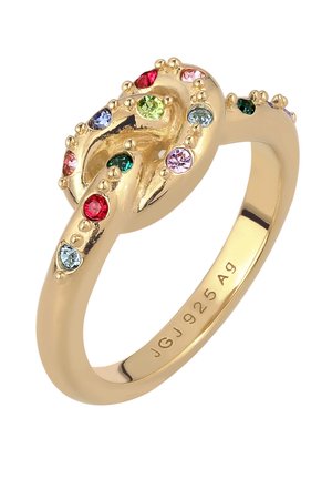 Sæt med guldfarvede knuderinge med små flerfarvede ædelsten, indgraveret indvendigt med "JGJ 925 Ag."