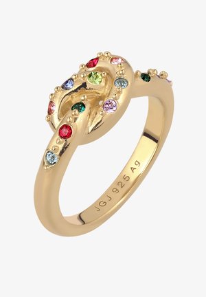 Goldfarbener, geknoteter Ring mit kleinen, mehrfarbigen Edelsteinen, innen mit "JGJ 925 Ag." graviert.