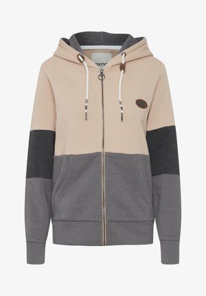 Hooded zip-up sweatshirt in beige, gray, and dark gray color blocks. Features drawstrings, side pockets, and a logo accent on the chest.