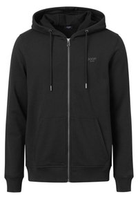 Sudadera con cremallera negra que cuenta con una cremallera frontal, capucha con cordón, dos bolsillos frontales y un sutil logo en el pecho. Está hecha de una tela suave.