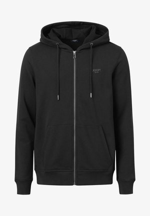 Zwarte zip-up hoodie met een voorkeursluiting, een capuchon met koord, twee voorzakken en een subtiele logo op de borst. Gemaakt van zacht materiaal.