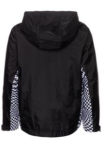 Czarna kurtka z kapturem z biało-czarnymi, w kratę akcentami po bokach. Wykonana z lekkiego, gładkiego materiału. Regulowane mankiety na rzep.