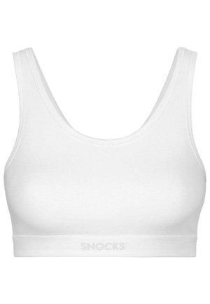 Bralette bianco in un tessuto morbido ed elasticizzato. Presenta un collo rotondo, spalline larghe e un elastico con il logo "SNOCKS" nella parte inferiore.
