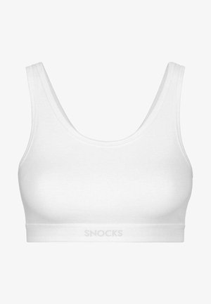 Brassière blanche en tissu lisse et extensible. Possède un col rond, des bretelles larges et un bandeau élastique avec le logo "SNOCKS" en bas.