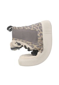 Botki za kostkę na sznurówki z teksturowanym szarym nadrukiem w cętki, z jasnobeżowymi zamszowymi akcentami i teksturowaną gumową podeszwą. Posiadają pętelkę do wkładania.