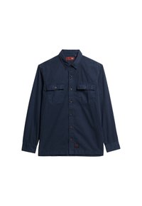 Chemise à manches longues bleu marine avec col à boutons. Comprend deux poches poitrine et des boutons marron. Tissu en coton doux avec une texture lisse.