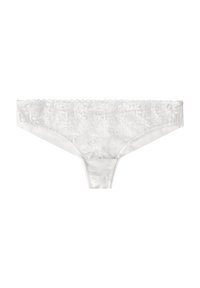 String blanc en dentelle avec broderie florale, finition satinée, bords festonnés et texture lisse. Design minimaliste avec une sensation légère.