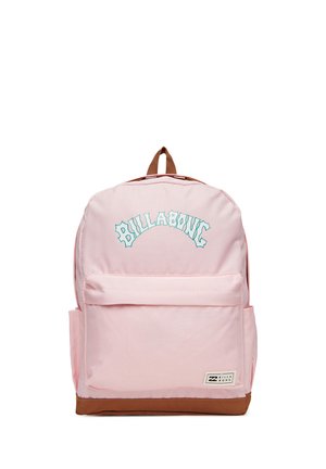 Zaino Billabong rosa chiaro con tasca frontale, base e manico marrone, e testo del logo turchese sul davanti.