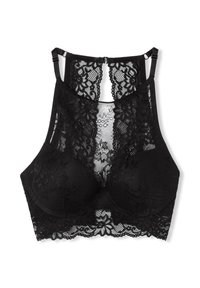 Bralette in pizzo nero con scollo alto, motivi floreali e coppe imbottite. Presenta spalline regolabili e chiusura posteriore con gancio e occhiello.