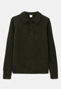 Sötétzöld kötött pulóver gallérral, négy gombos kivágással, texturált anyaggal, bordázott mandzsettával és aljjal, amely kényelmes megjelenést biztosít.