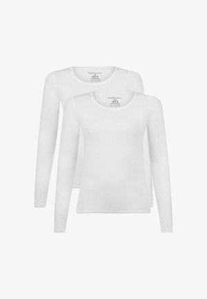 Zwei langärmelige weiße T-Shirts aus weichem Stoff, mit Rundhalsausschnitt und geradem Saum. Größe S.
