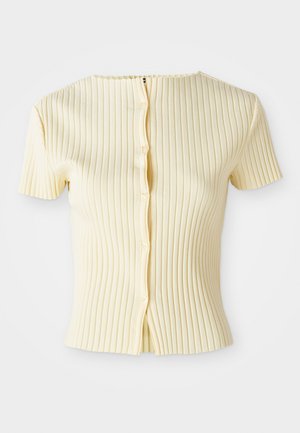 Short-sleeve, ribbed knit top in pale yellow with a round neckline and five-button front closure. Texture is smooth with vertical stripes.