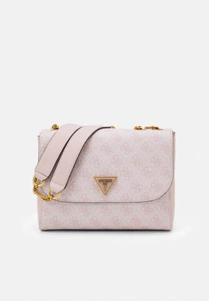 Pink synthetic bag with a textured surface and gold-tone hardware. Features a logo triangle on the front and a detachable strap.