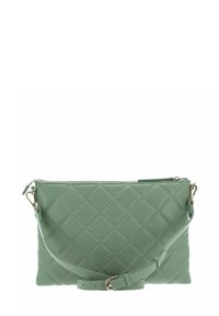 Sac à main synthétique vert clair matelassé avec fermeture éclair, sangle réglable et motif en forme de losanges. Texture lisse avec des accents de ferrures dorées.