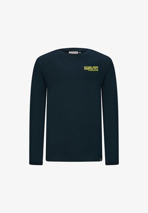 Langarm-Navy-Baumwoll-T-Shirt mit gelbem Drucktext auf der oberen linken Seite. Runder Halsausschnitt, normale Passform und ohne Muster oder Verzierungen.