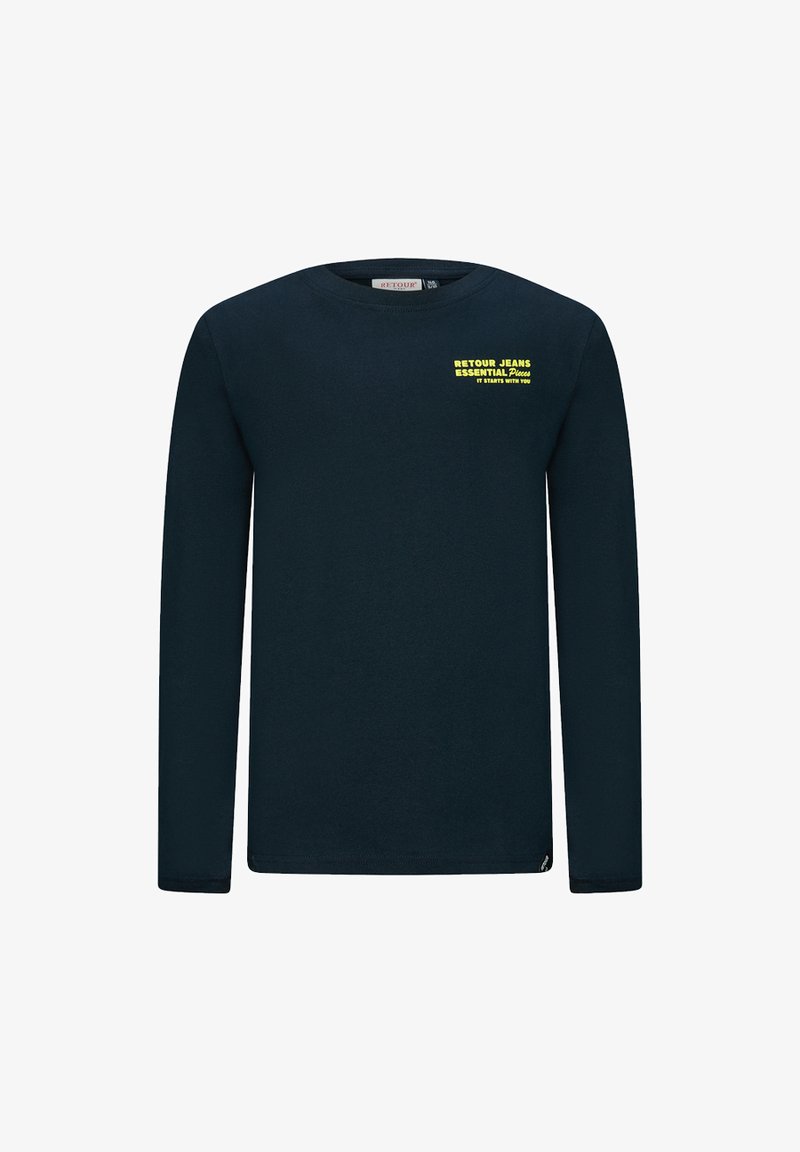 Langarm-Navy-Baumwoll-T-Shirt mit gelbem Drucktext auf der oberen linken Seite. Runder Halsausschnitt, normale Passform und ohne Muster oder Verzierungen.