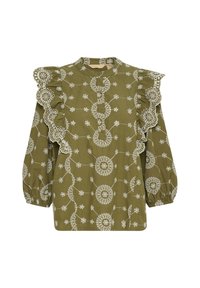 Olivgrön blus med broderade vita blommönster, volangärmar, långa puffärmar och hög halsringning. Tillverkad av bomulls-material.