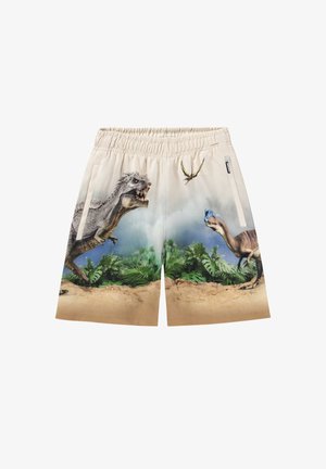 Pantaloni bermuda con una vivace stampa grafica di dinosauri, che presenta un T-Rex e altri dinosauri su uno sfondo di giungla. Realizzati in tessuto leggero.