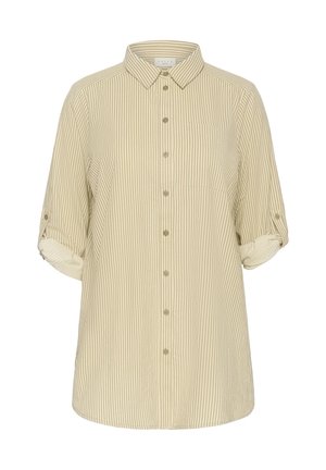 Light beige short-sleeve shirt with vertical stripes, button front, and single chest pocket. Fabric texture appears smooth and lightweight.