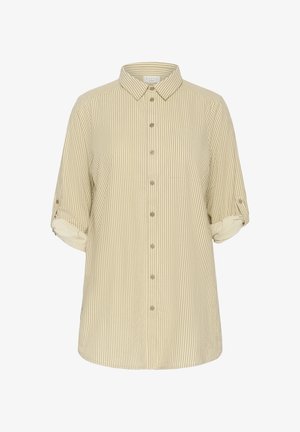 Light beige short-sleeve shirt with vertical stripes, button front, and single chest pocket. Fabric texture appears smooth and lightweight.