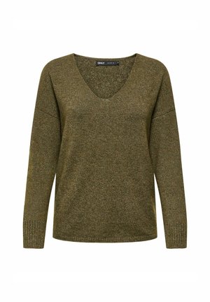 Oliven grøn v-hals sweater med lange ærmer, ribbede manchetter og et tekstureret strikkemønster. Casual pasform og letvægtsmateriale.
