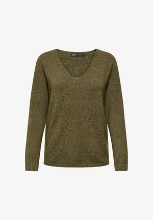 Suéter de punto verde oliva con cuello en V y mangas largas, puños acanalados y un patrón de punto texturizado. Ajuste casual y material ligero.
