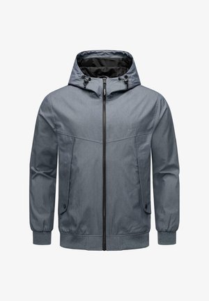 Grå jakke med hætte, frontlynlås og sidelommer. Lavet af et glat, letvægtsstof med elastiske manchetter og søm.