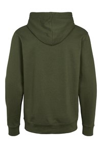 Oliven grøn hætte sweatshirt med en glat tekstur, lange ærmer og en kengurulomme foran. Har en hætte med snøre.
