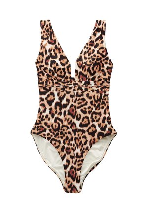 Egyrészes fürdőruha mély V-nyakrésszel és barna, fekete, bézs árnyalatú leopárdmintával.