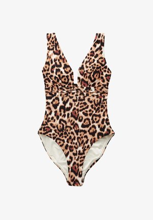Egyrészes fürdőruha mély V-nyakrésszel és barna, fekete, bézs árnyalatú leopárdmintával.