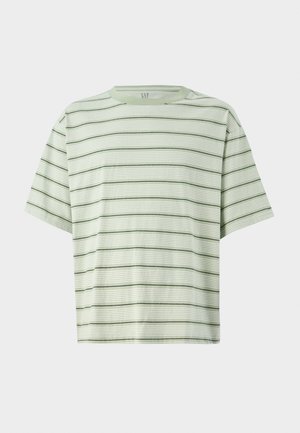 Green striped t-shirt with short sleeves. Vertical and horizontal stripes alternate in a soft, textured fabric. Crew neck design.