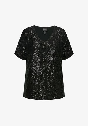 Top nero in paillettes con scollatura a V e maniche corte. Il tessuto presenta una superficie luccicante con una vestibilità morbida e rilassata.