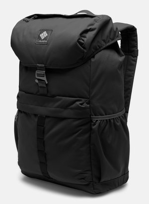 Czarny plecak Columbia z górną klapą, przednią klamrą, bocznymi kieszeniami i wyściełanymi paskami na ramiona.