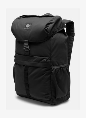 Czarny plecak Columbia z górną klapą, przednią klamrą, bocznymi kieszeniami i wyściełanymi paskami na ramiona.