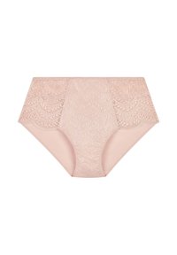 Bikini in pizzo di un delicato pesco con bordo ondulato. Caratterizzato da intricate fantasie a onde e da un tessuto morbido e elastico per il comfort.